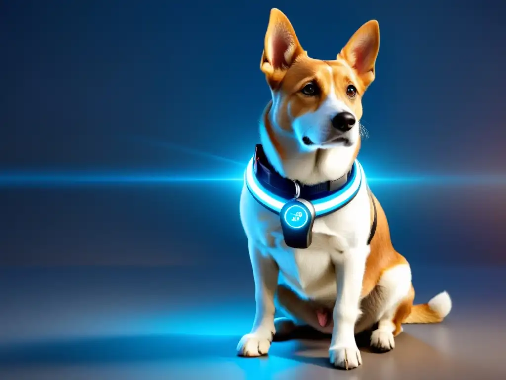 Un dispositivo de seguimiento de mascotas con tecnología IoT y collar elegante, resaltando el cuidado avanzado