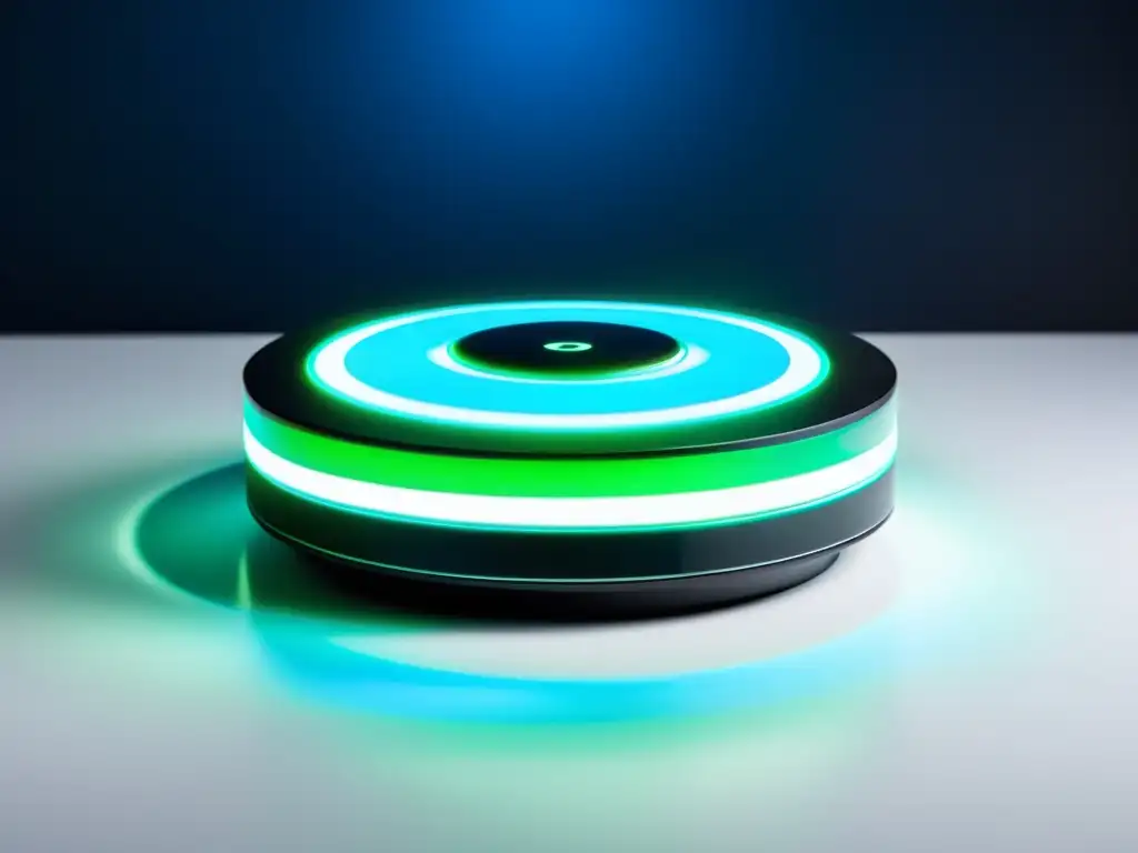 Dispositivo IoT de alta tecnología con luces LED azules y verdes, conectado a redes inalámbricas con patrones de luz