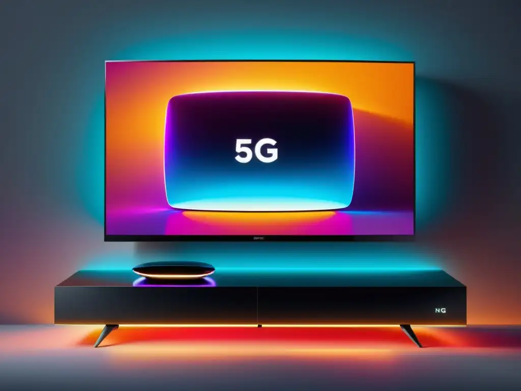 Dispositivo de streaming Ultra HD con 5G en ambiente futurista y elegante, proyectando contenido vibrante en pantalla de alta definición