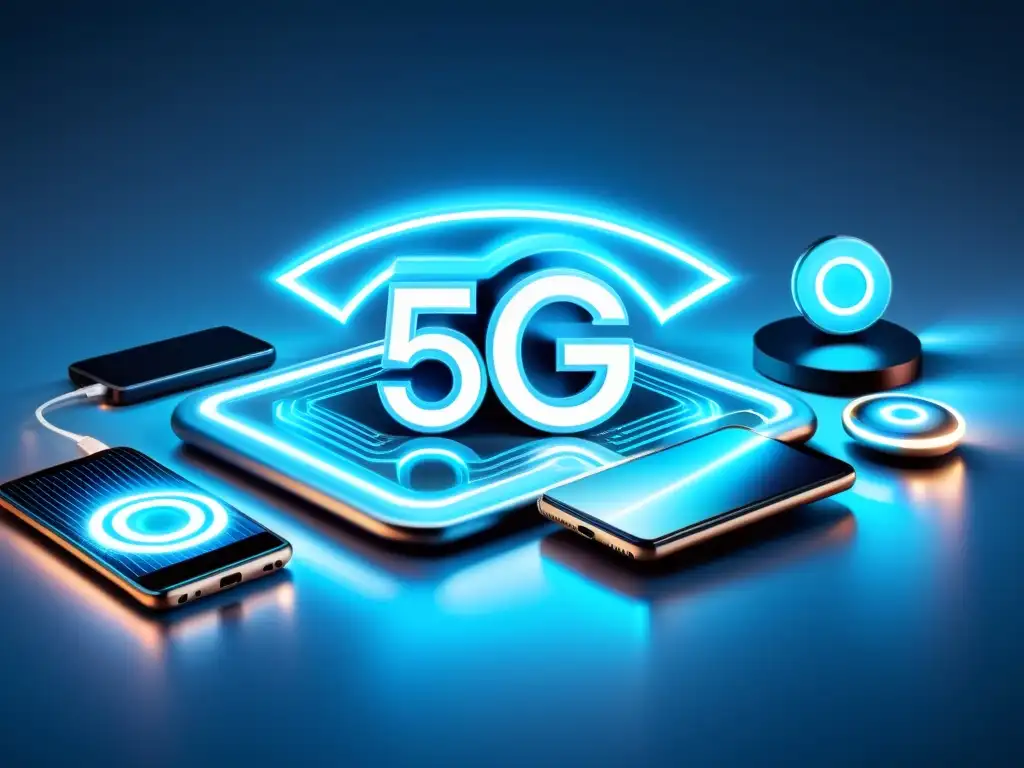 Dispositivos futuristas interconectados emitiendo una suave luz azul, representando los peligros de seguridad en 5G en un entorno moderno y elegante