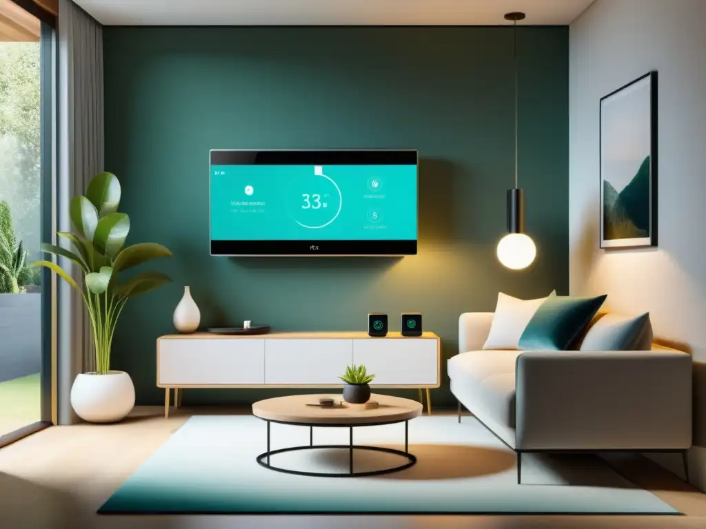 Dispositivos IoT integrados en un hogar moderno para asistencia domiciliaria con IoT, con diseño minimalista y tecnología discreta