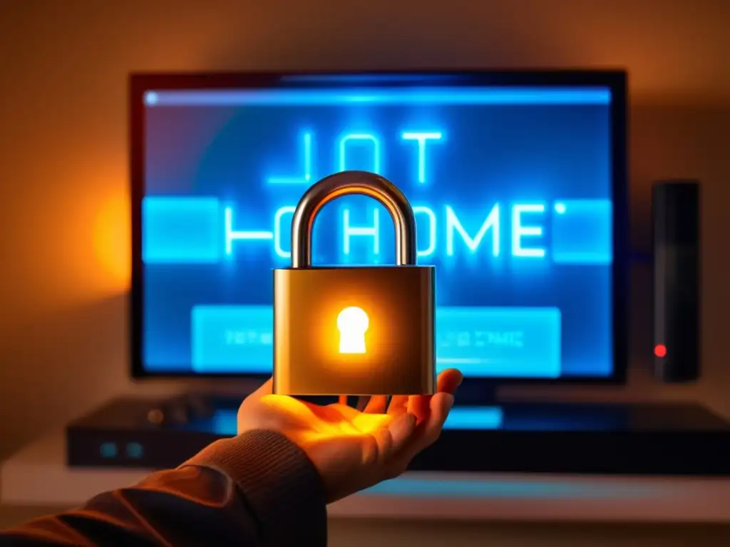 Smart home futurista con dispositivos IoT secuestrados por ransomware en un ambiente ominoso