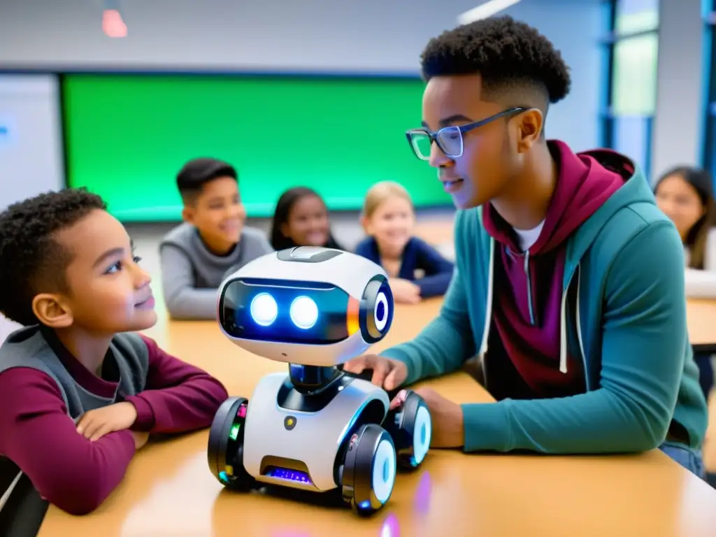 Docente guía a estudiantes en clase de robótica educativa, interactuando con un robot moderno mientras usan tablets y laptops