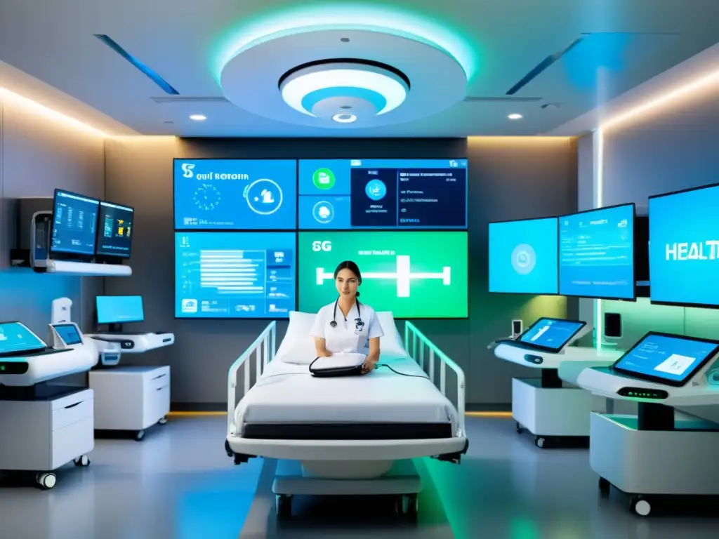Habitación hospitalaria futurista con tecnología 5G Doctor y enfermera utilizan tecnología 5G para cuidado personalizado