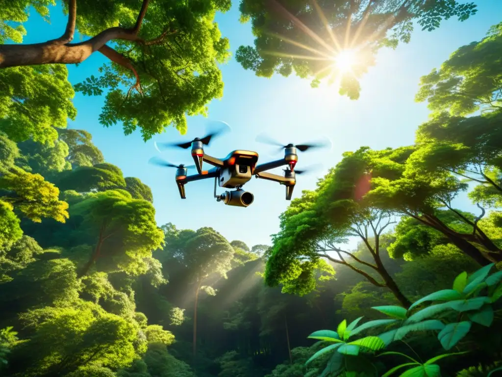 Un dron de IA se destaca en un exuberante bosque, resaltando el impacto de la inteligencia artificial en el medio ambiente