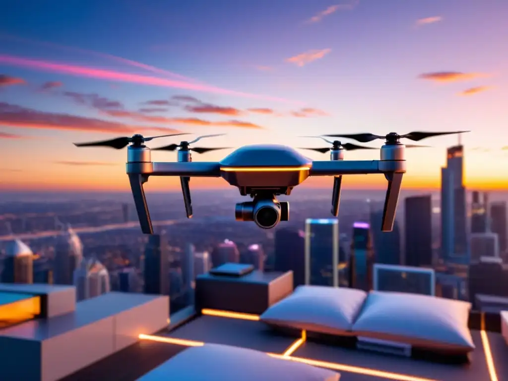 Un dron futurista con conectividad 5G entrega paquete en ciudad al atardecer