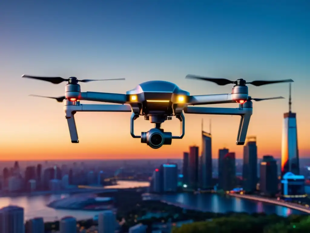 Un dron futurista con múltiples rotores flota sobre el vibrante horizonte de la ciudad al anochecer, reflejando el cálido resplandor del sol poniente