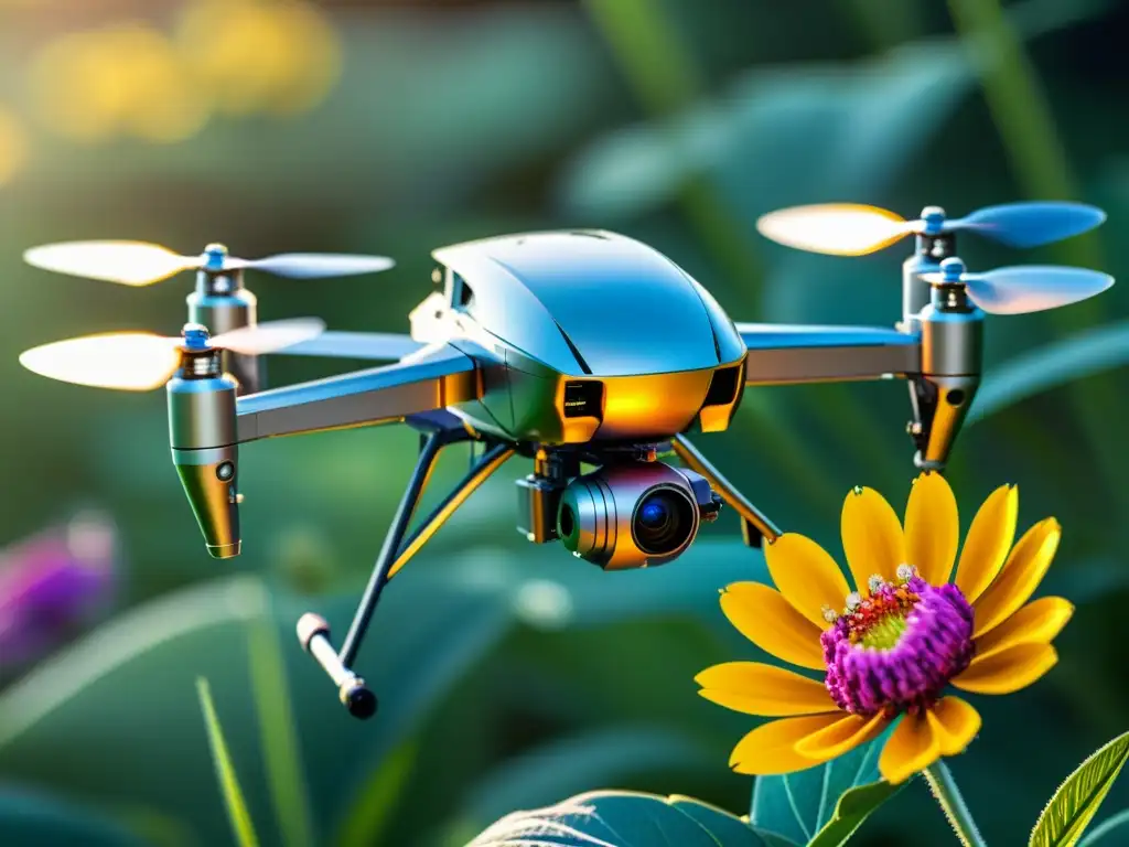 Un dron futurista recolecta polen junto a una flor colorida