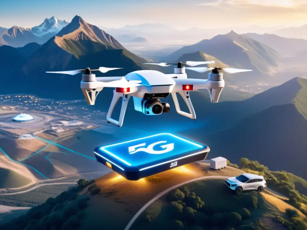 Un dron médico 5G futurista entrega suministros en una zona remota durante una pandemia, transmitiendo esperanza y beneficios tecnología 5G pandemias