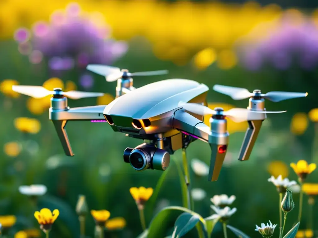 Un dron metálico con alas delicadas, similar a una libélula, sobrevuela un campo de flores vibrantes