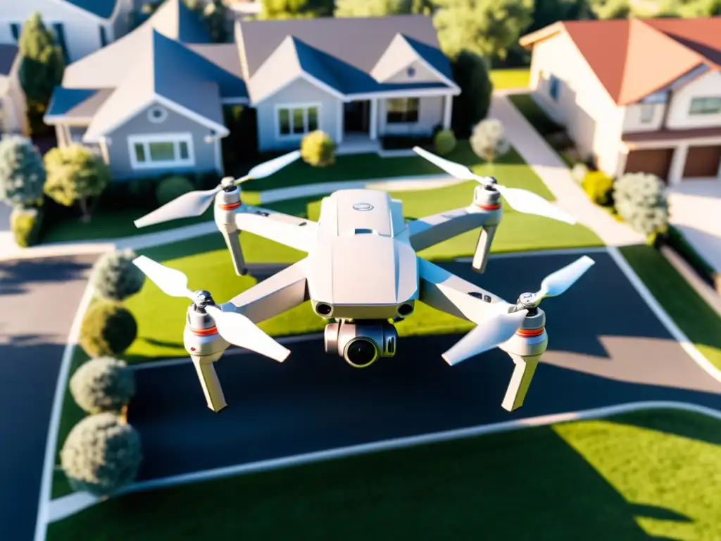 Un dron moderno con cámara de alta resolución sobrevuela un vecindario suburbano, capturando imágenes detalladas de casas y calles