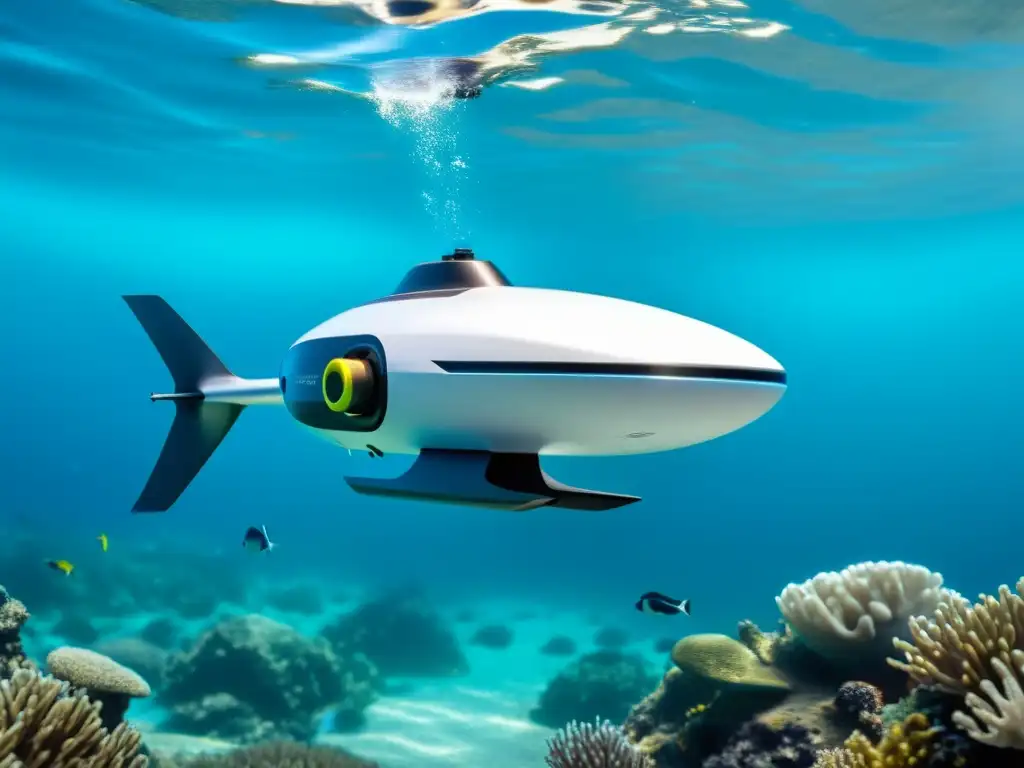 Un dron submarino futurista de alta tecnología limpia y monitorea el océano, rodeado de vida marina