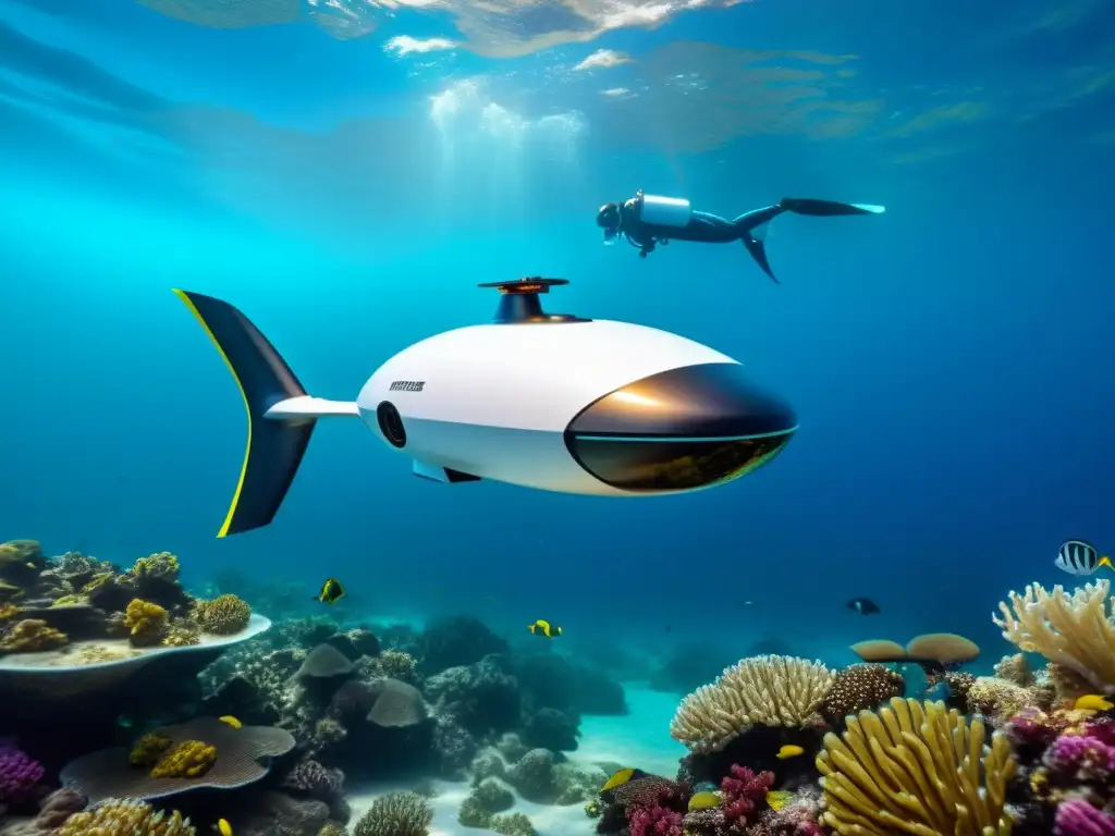 Un dron submarino futurista rodeado de vida marina y arrecifes de coral, capturando imágenes detalladas del fondo marino