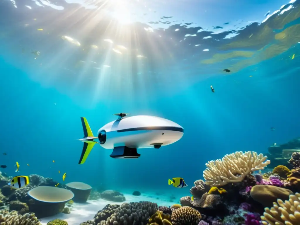 Un dron submarino de tecnologías emergentes explorando las aguas cristalinas del océano, rodeado de vida marina y coral vibrante