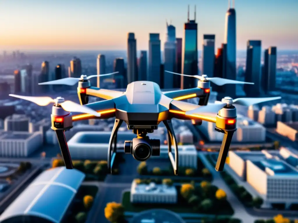 Dron de tecnología avanzada sobrevolando la ciudad, capturando detalles urbanos