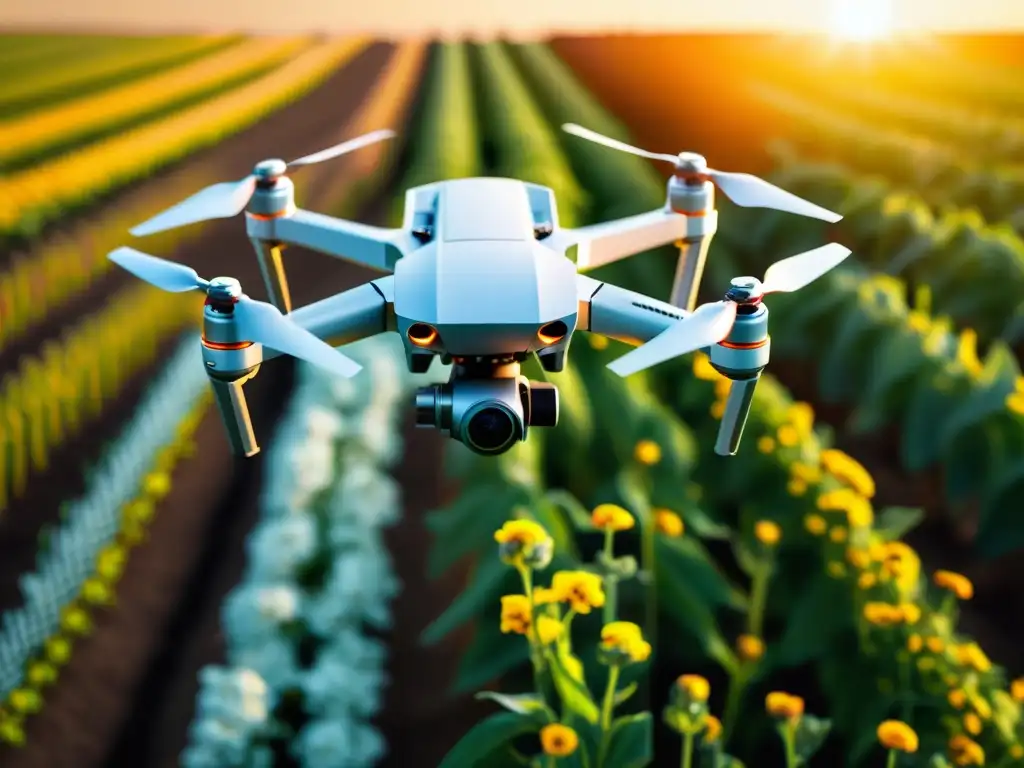 Dron tecnológico polinizando cultivos, vital en agricultura