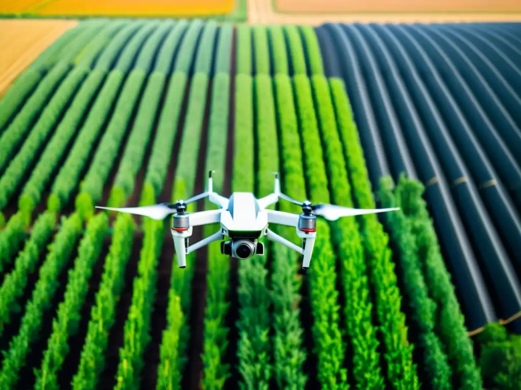 Un drone agrícola avanzado sobrevuela vastos campos de cultivo, simbolizando la integración de inteligencia artificial en agricultura