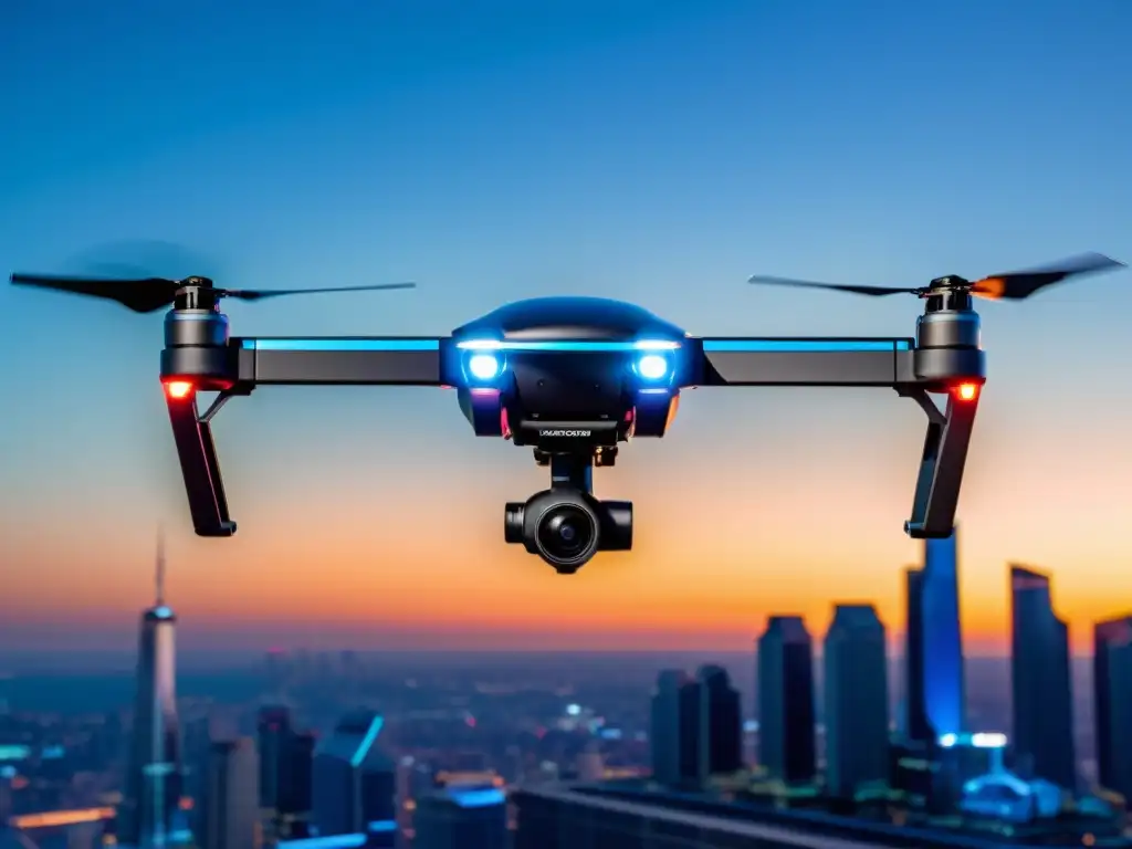 Un drone futurista con diseño negro mate y acentos azules, capturando imágenes aéreas de la ciudad al atardecer