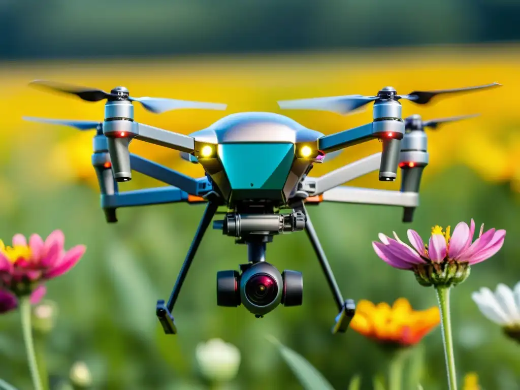 Un drone metálico con alas delicadas recolecta polen entre flores vibrantes