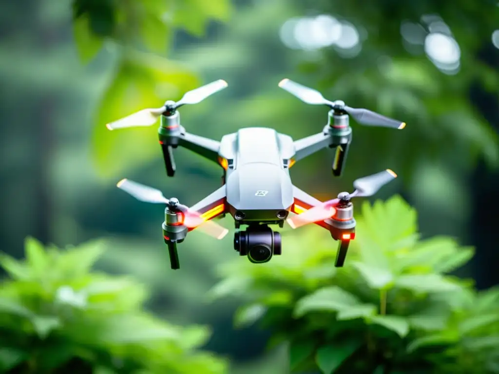 Un drone moderno sobrevolando un exuberante bosque, capturando la vida silvestre con tecnología avanzada