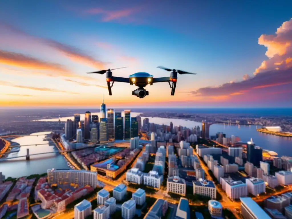 Un drone tecnológico vuela sobre la ciudad al atardecer, capturando luces urbanas