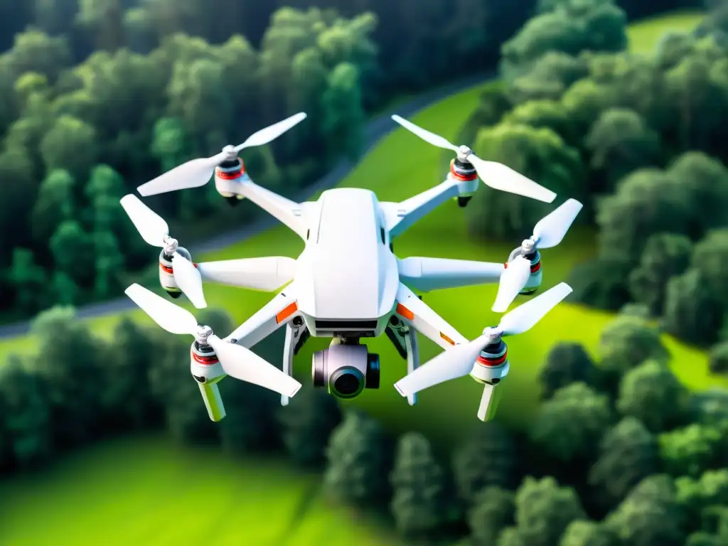 Drone de IA sobrevuela bosque verde, capturando datos para conservación vida silvestre