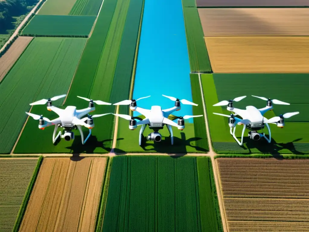 Drones agrícolas para cosecha de precisión escanean cultivos en un vasto campo verde, con tecnología de punta y colores vibrantes