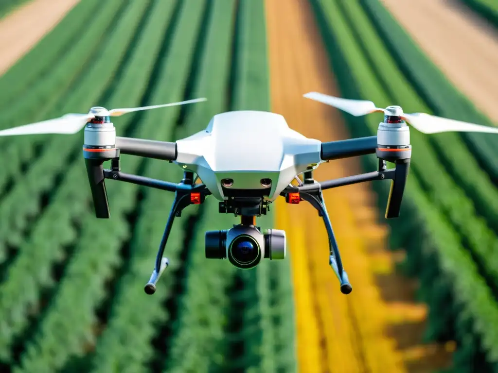 Drones agrícolas para cosecha de precisión: Imagen de un dron moderno sobre un campo verde, capturando datos detallados con avanzada tecnología