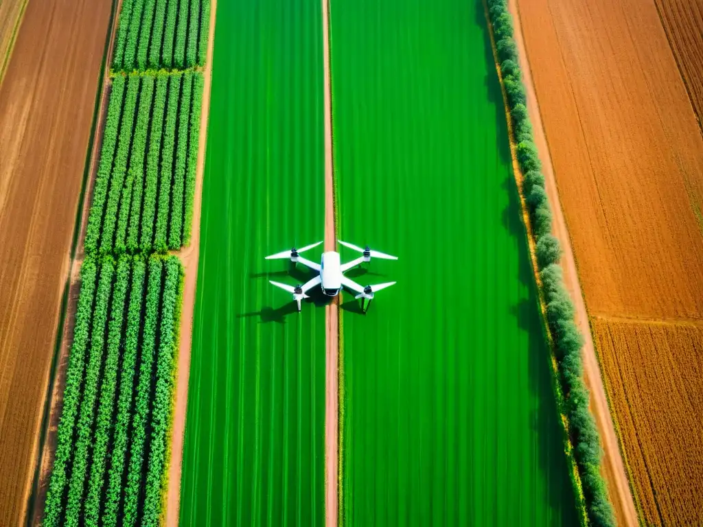 Drones agrícolas para cosechas saludables: Fotografía aérea de campo verde con moderno dron monitoreando cultivos