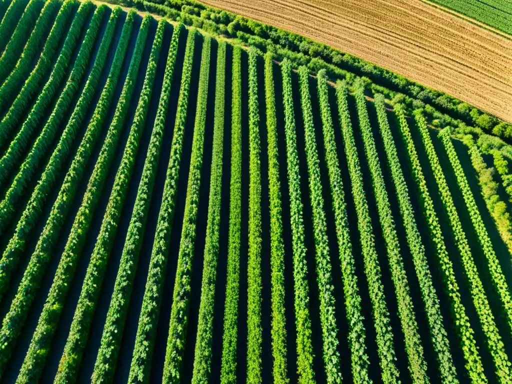 Drones agrícolas para cosechas saludables: Vista aérea de campos verdes con cultivos en filas, bañados por la luz del sol y cielo azul