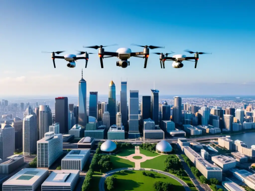 Drones capturando la ciudad desde distintas altitudes, representando la intersección de tecnología, privacidad y regulaciones urbanas