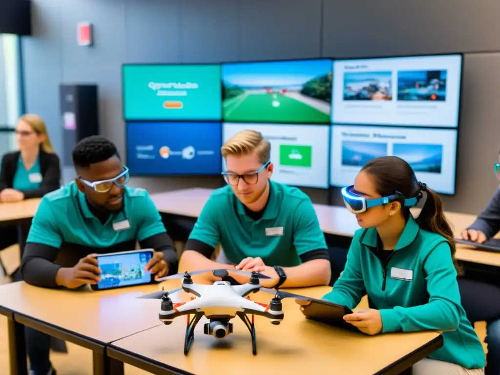 Drones educativos para enseñanza científica: Estudiantes operan drones en aula futurista llena de tecnología y emoción