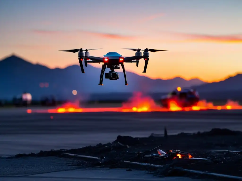 Drones para gestión de emergencias: Un drone con tecnología térmica ilumina una zona de desastre al anochecer, destacando la importancia en crisis