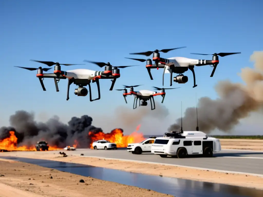 Drones para gestión de emergencias capturando imágenes detalladas de una zona de desastre, mientras equipos de emergencia coordinan en tierra