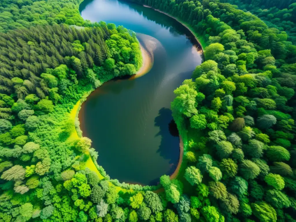 Drones capturan la vida silvestre en un bosque exuberante con un majestuoso río serpenteante y aves coloridas en vuelo