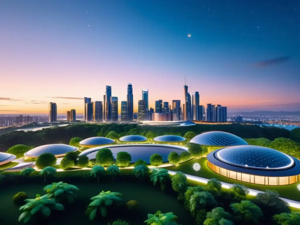 Metrópolis futurista sostenible: visión de un mañana próspero Economía circular casos exitosos: Ciudad futurista con arquitectura sostenible, luces energéticas y naturaleza exuberante, bajo un cielo estrellado