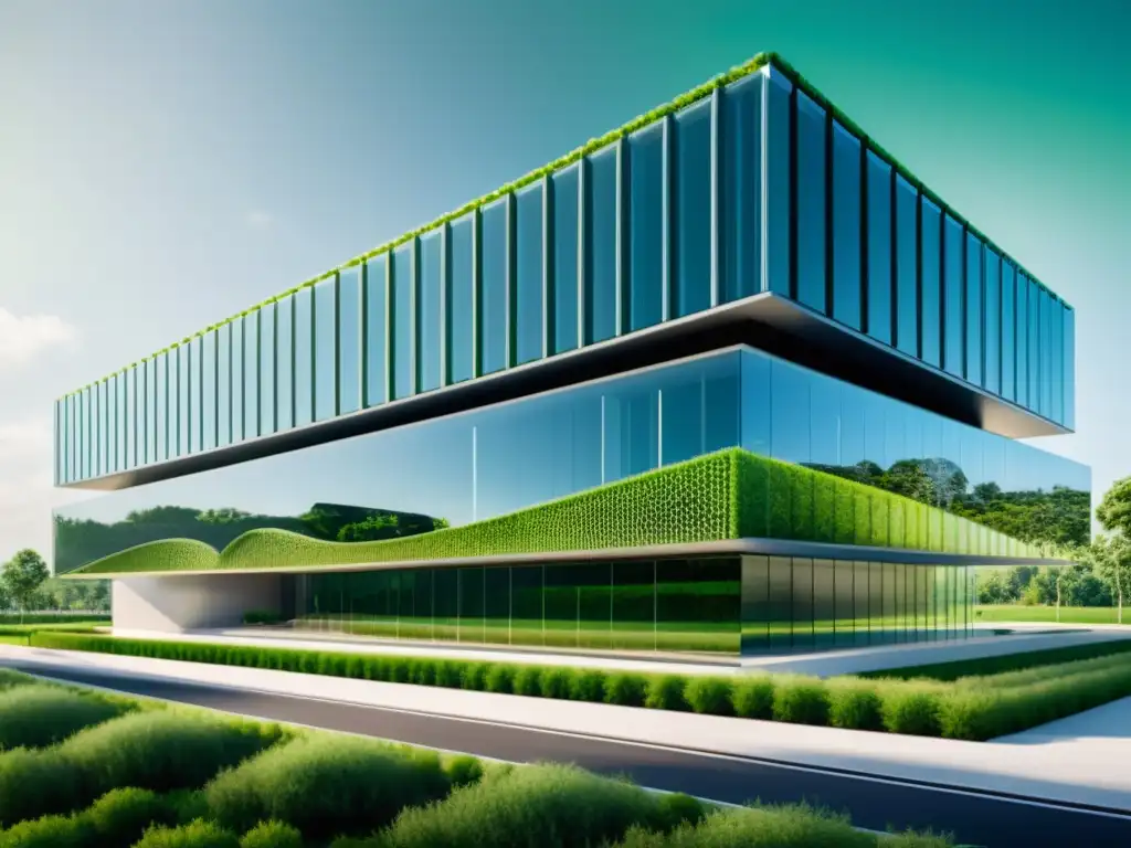 Edificio corporativo futurista con nanotecnología y responsabilidad social, integrando diseño transparente y paisaje sostenible en 8k