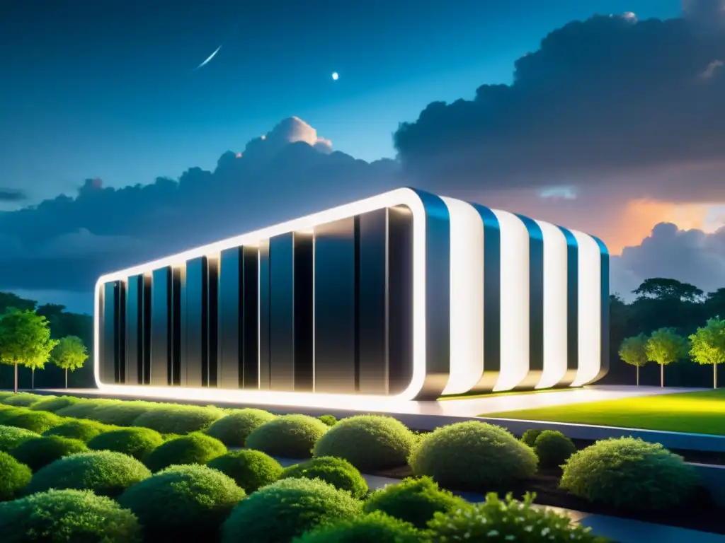 Edificio futurista de almacenamiento en la nube rodeado de vegetación, iluminado con luz suave