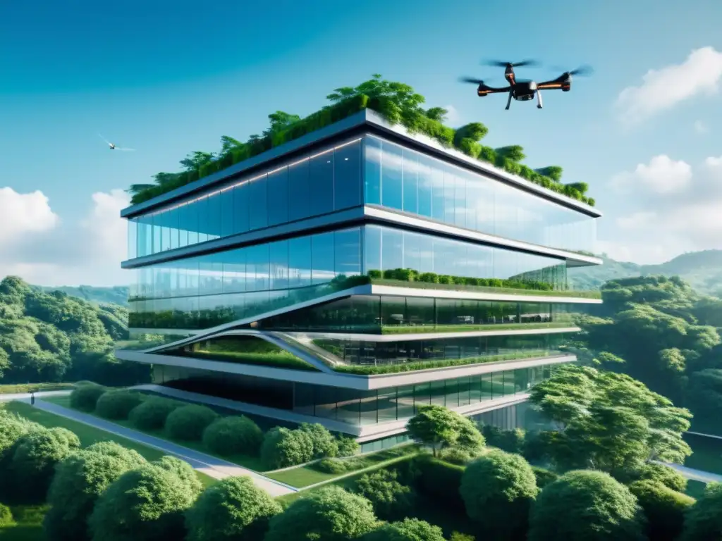 Edificio futurista con infraestructura 5G integrada, rodeado de vegetación y drones, muestra la seguridad empresarial en redes privadas 5G