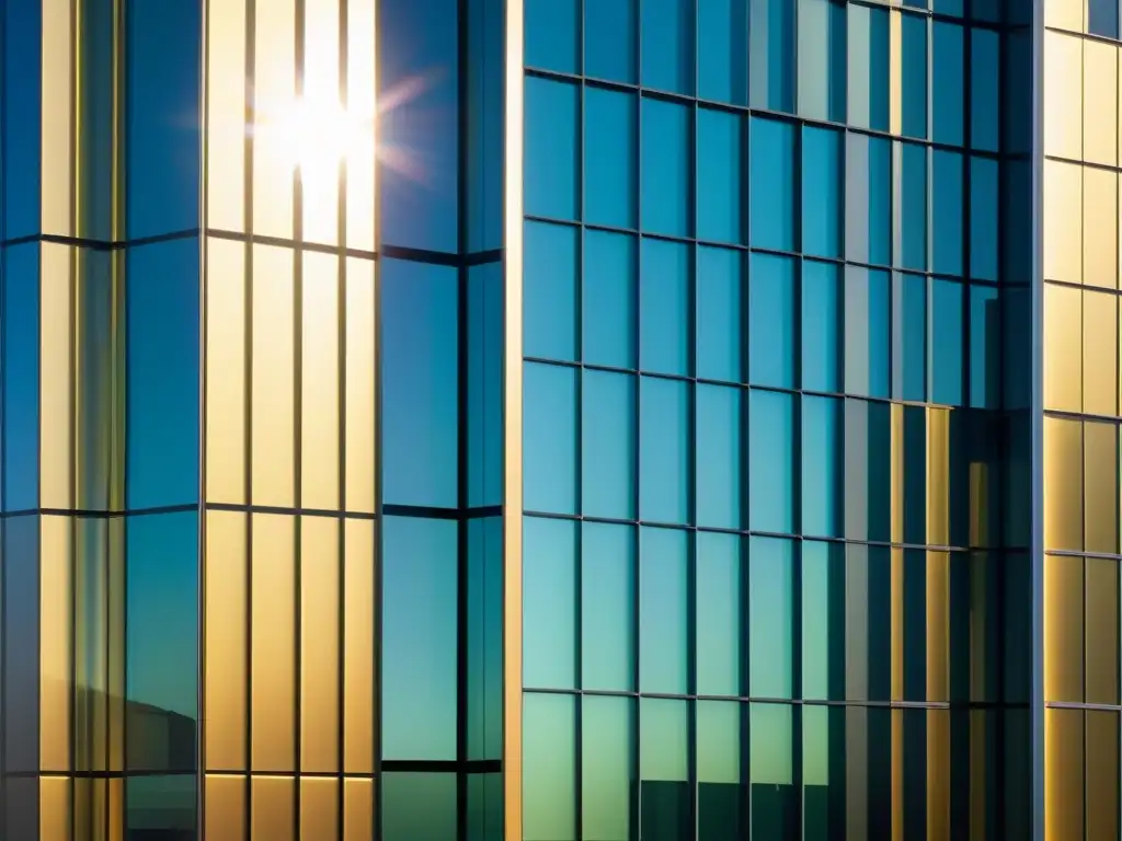 Edificio futurista con nanoaislantes para conservación energía en construcción, reflejando luz y sombra en paneles de vidrio