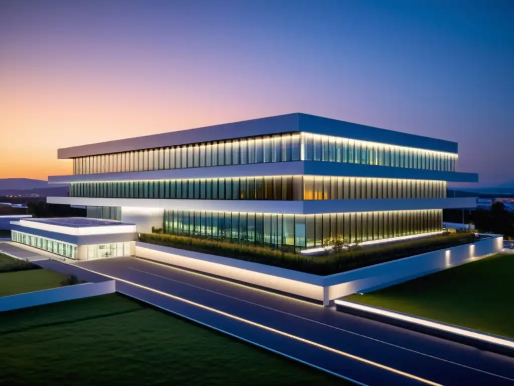 Edificio hospitalario moderno al anochecer con iluminación LED eficiente y paneles solares, representando la integración de la tecnología IoT para la eficiencia energética en la salud