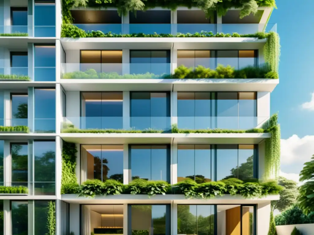 Edificio moderno con ventanales energéticos, rodeado de vegetación y paneles solares en el techo