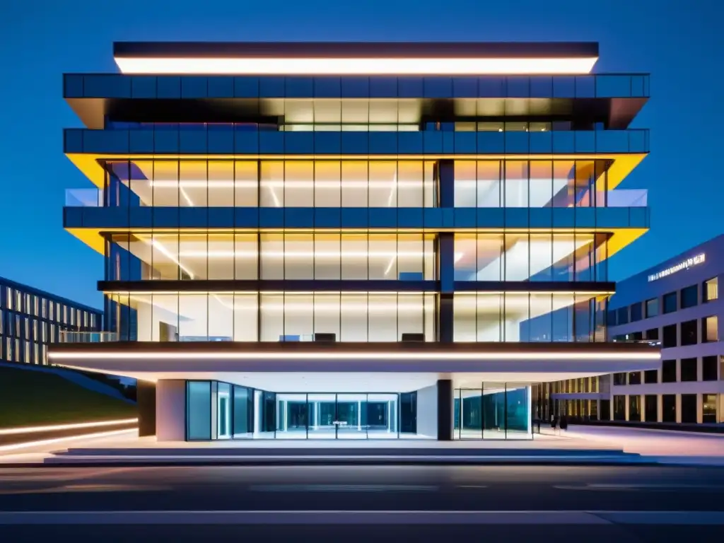 Un edificio de oficinas futurista y vanguardista en la noche, iluminado con luces LED dinámicas y seguridad avanzada