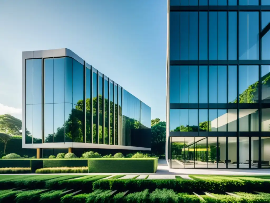 Un edificio de oficinas moderno y elegante con ventanales de piso a techo, reflejando el paisaje urbano