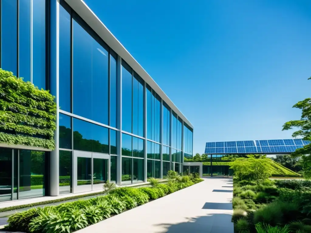 Edificio de oficinas moderno rodeado de vegetación y paneles solares en el techo, reflejando avances en construcción sostenible y diseño contemporáneo