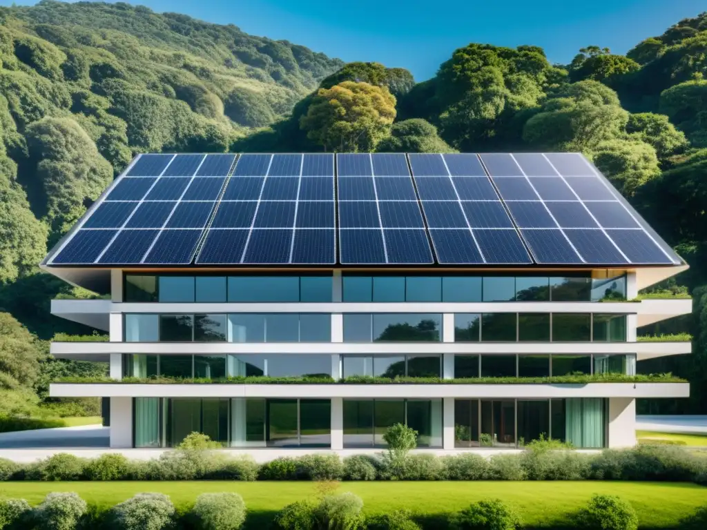 Edificio sostenible con integración de IA, arquitectura futurista, ventanas grandes y paneles solares en el techo, rodeado de paisaje ecológico