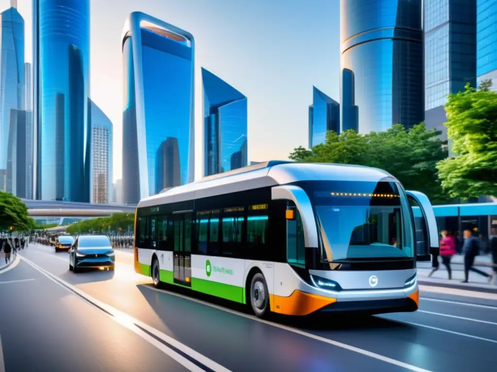 Autobús eléctrico futurista con tecnología 5G, rodeado de rascacielos y moderna infraestructura urbana