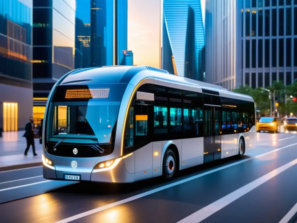 Autobús eléctrico del futuro con 5G surca la ciudad moderna al atardecer