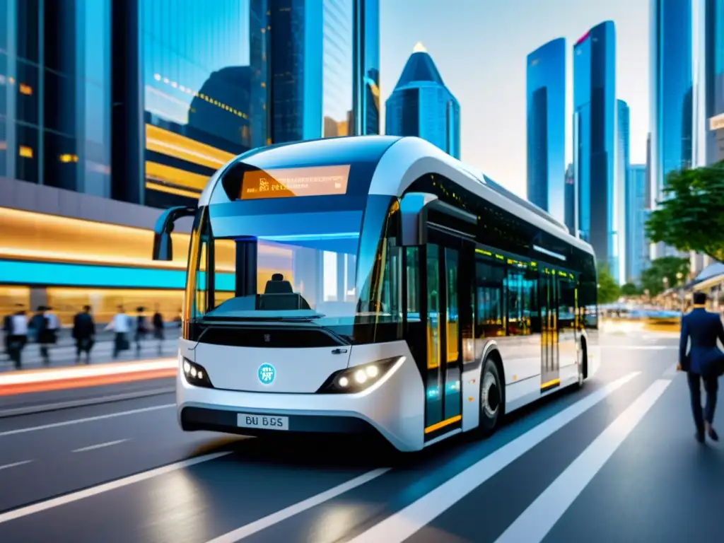 Autobús eléctrico de quinta generación en la ciudad, integrando tecnologías de transporte público avanzadas para una movilidad eficiente y conectada