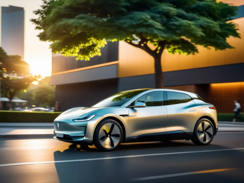 Un elegante coche eléctrico recorre una calle arbolada de la ciudad al atardecer, proyectando una cálida luz dorada sobre el paisaje urbano